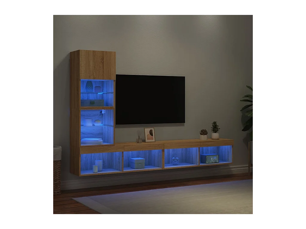 Parete attrezzata TV con LED 4 pezzi in legno ingegnerizzato rovere Sonoma