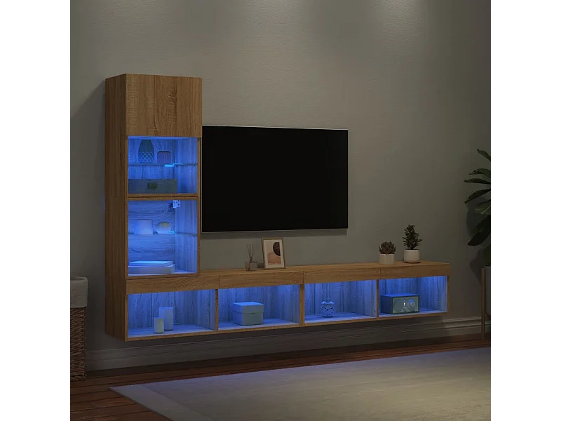Muebles de pared para TV con LED, 4 piezas, madera de ingeniería de roble sonoma