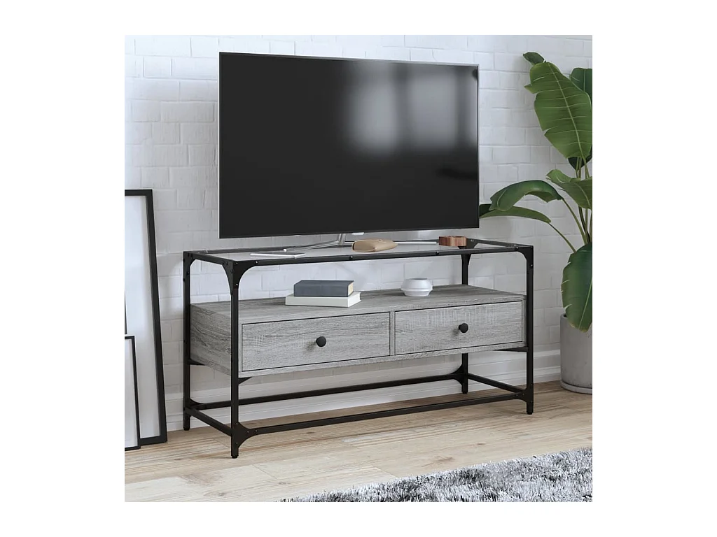 Mobile TV con piano in vetro e legno ingegnerizzato grigio Sonoma