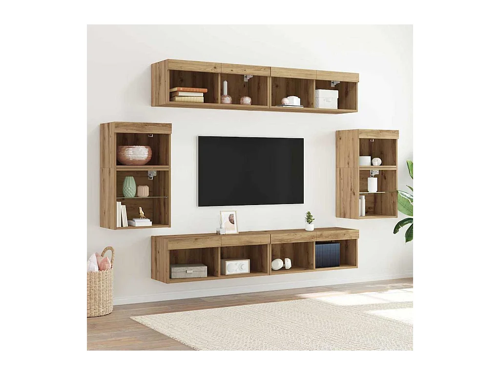 Mobiletto porta TV da parete in rovere lavorato a mano, 8 pezzi