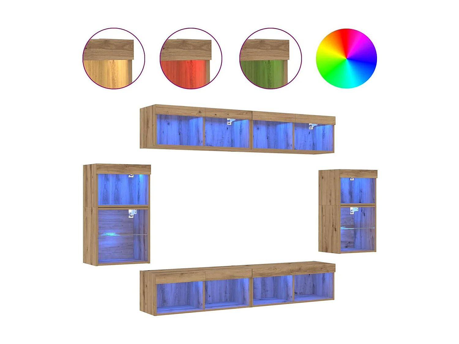 8-delig wandgemonteerd entertainmentcentrum, handgemaakt eikenhout
