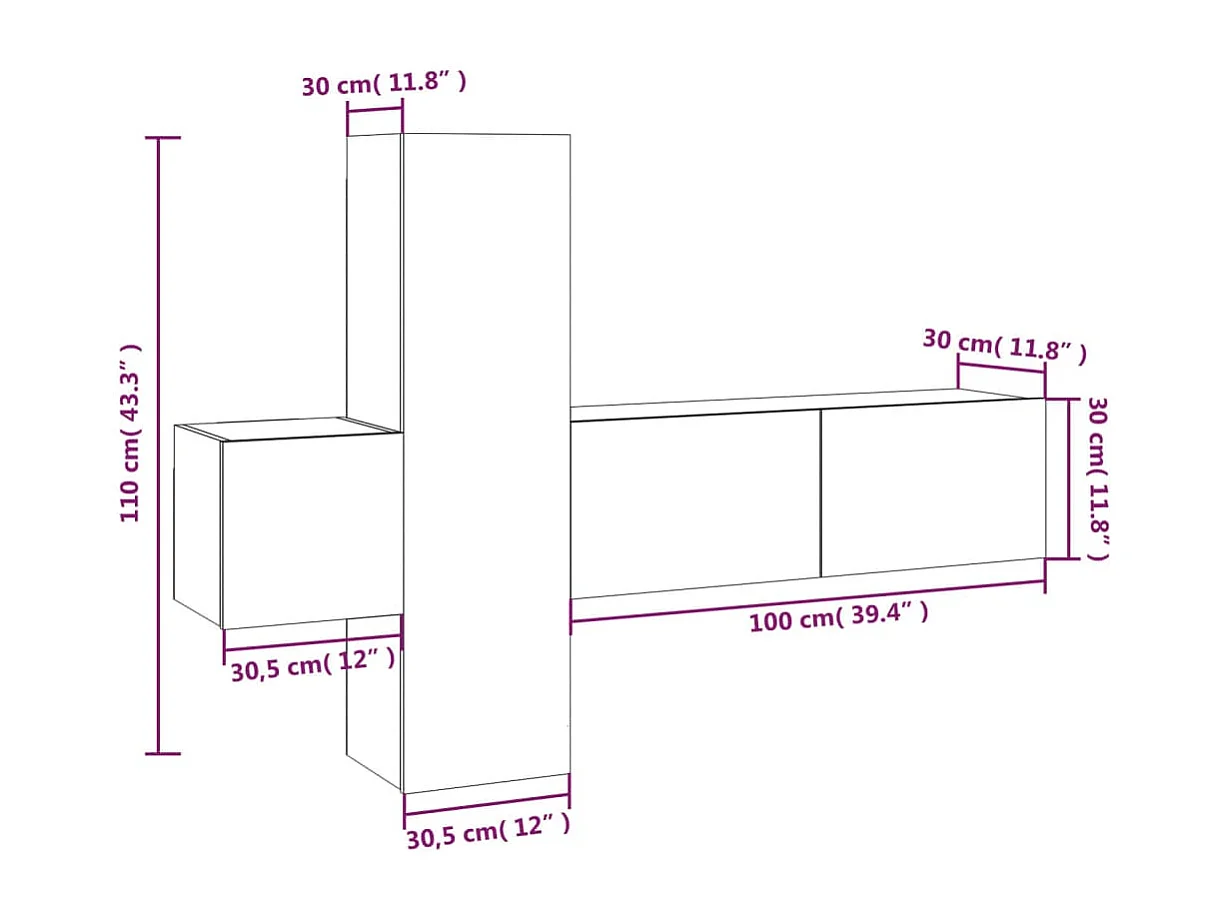 Set di mobili TV da 3 pezzi in rovere affumicato, legno ingegnerizzato