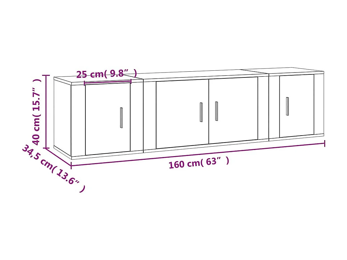 Set di mobili TV da 3 pezzi in rovere affumicato, legno ingegnerizzato