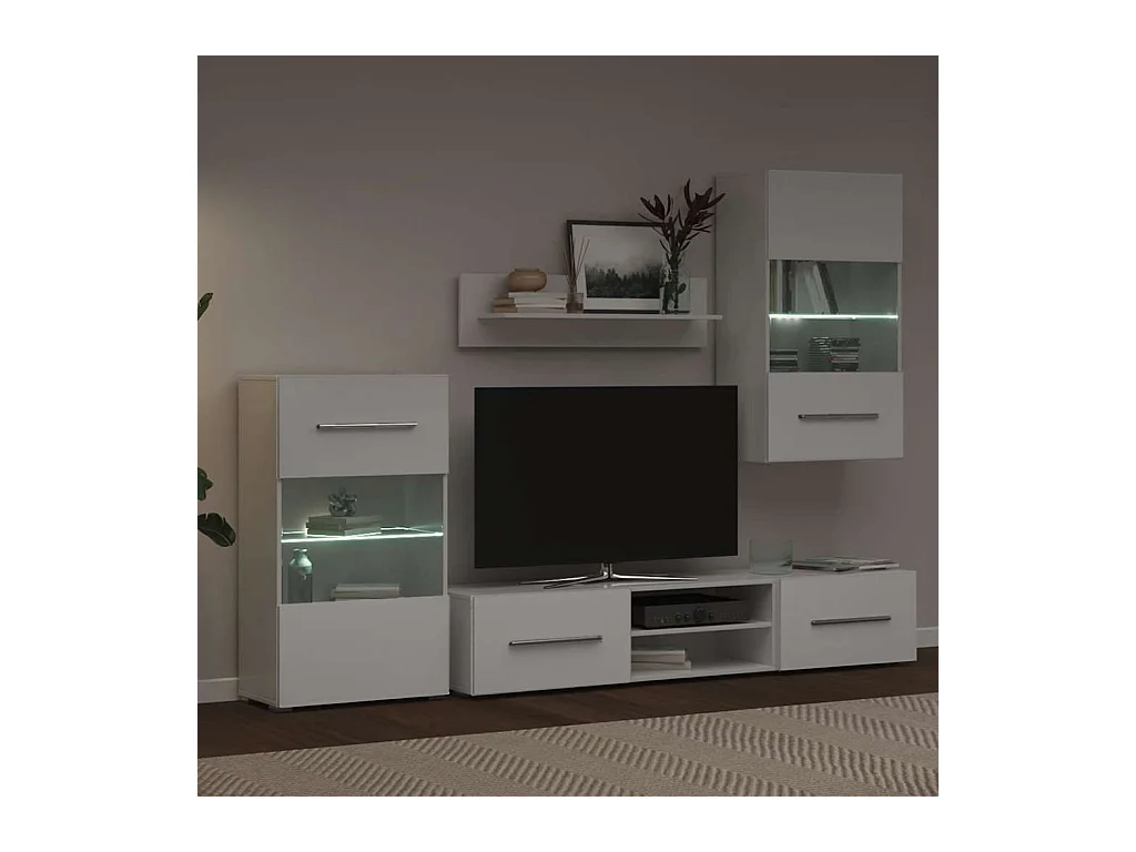 Meubles TV 5 pcs avec lumière LED blanc mat bois d'ingénierie