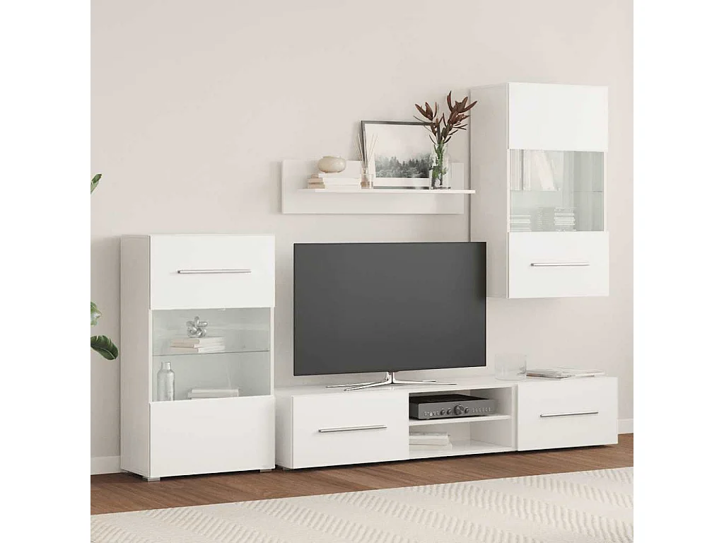 Meubles TV 5 pcs avec lumière LED blanc mat bois d'ingénierie