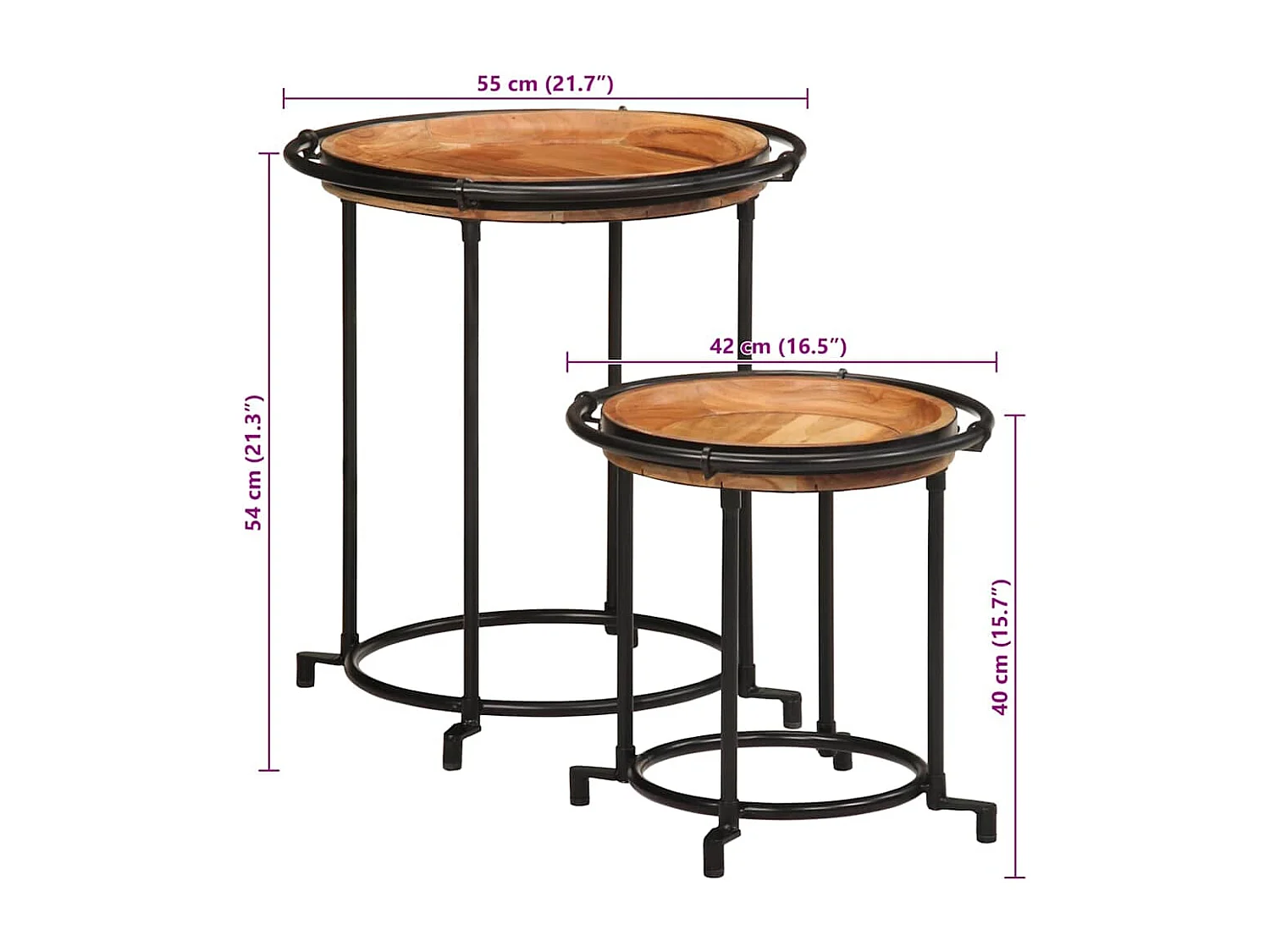 Set di tavolini laterali in legno massello di acacia, 2 pezzi