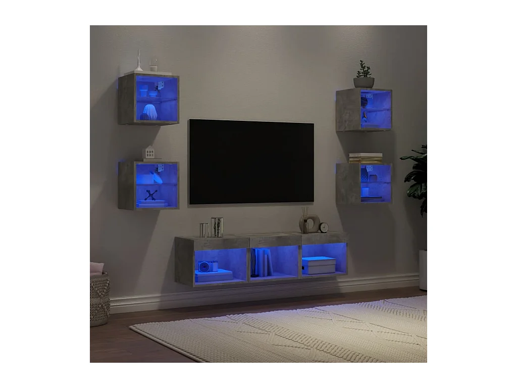 Unités murales TV avec LED 7 pcs gris béton bois d'ingénierie