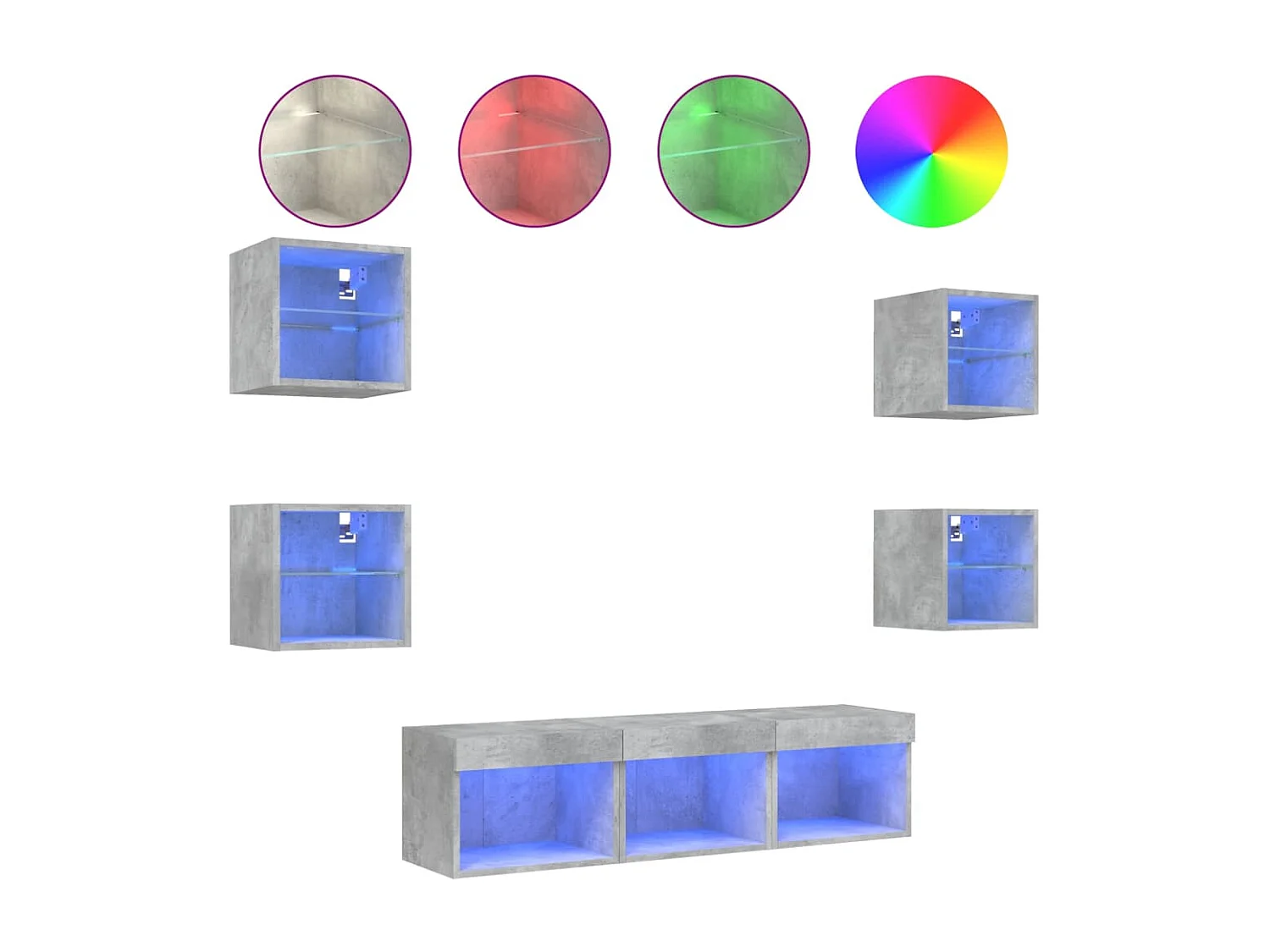 Unités murales TV avec LED 7 pcs gris béton bois d'ingénierie