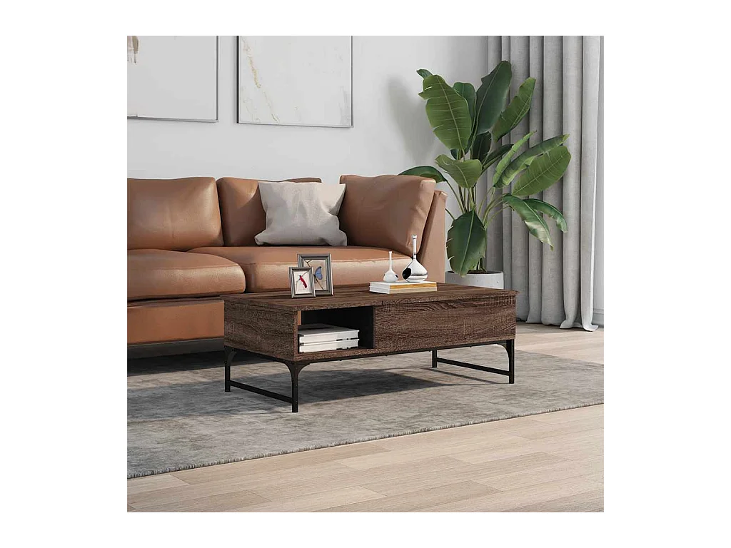 Salontafel bruin eiken 100x50x35cm bewerkt hout en metaal