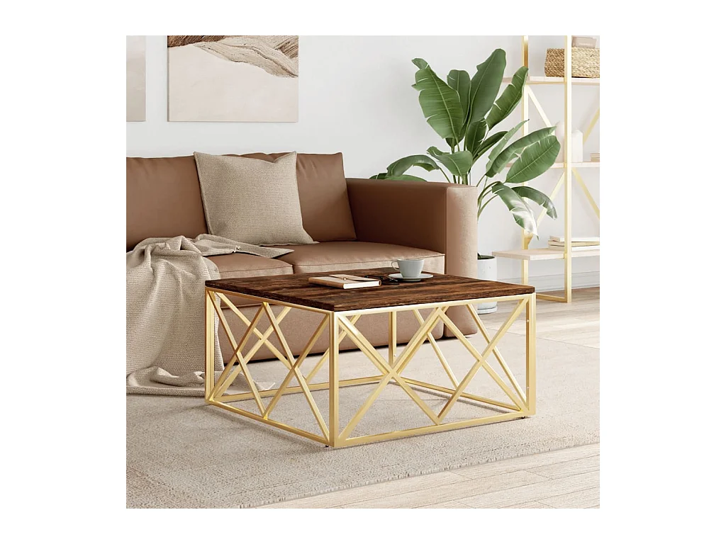 Gouden salontafel van roestvrij staal en massief gerecycled hout