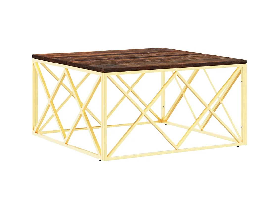 Gouden salontafel van roestvrij staal en massief gerecycled hout