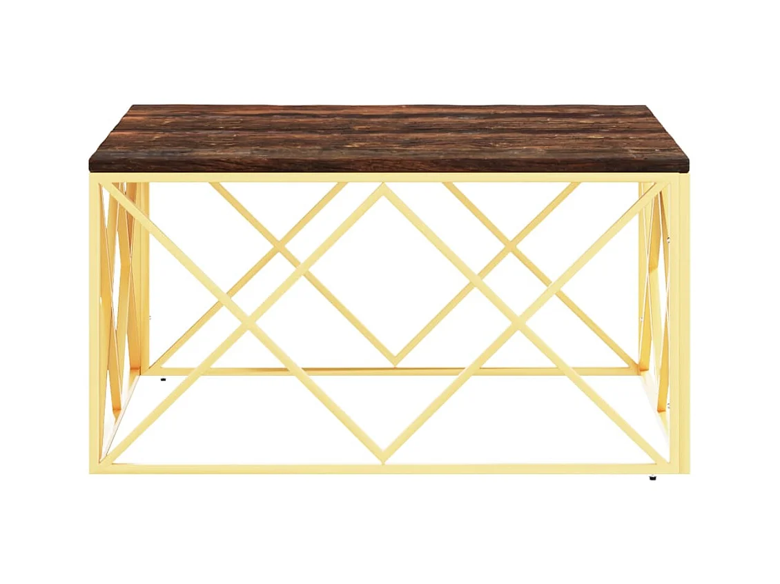 Gouden salontafel van roestvrij staal en massief gerecycled hout