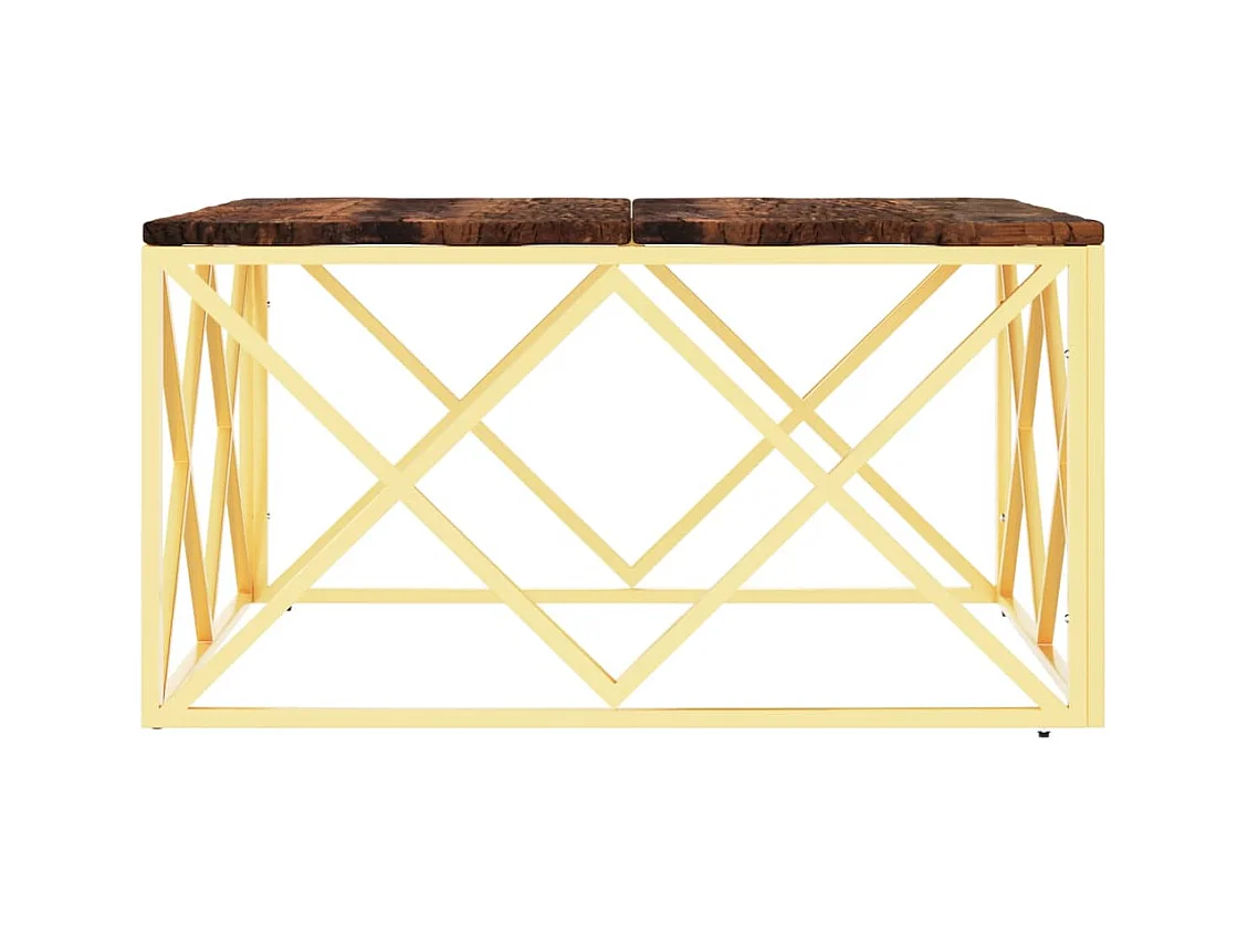 Gouden salontafel van roestvrij staal en massief gerecycled hout