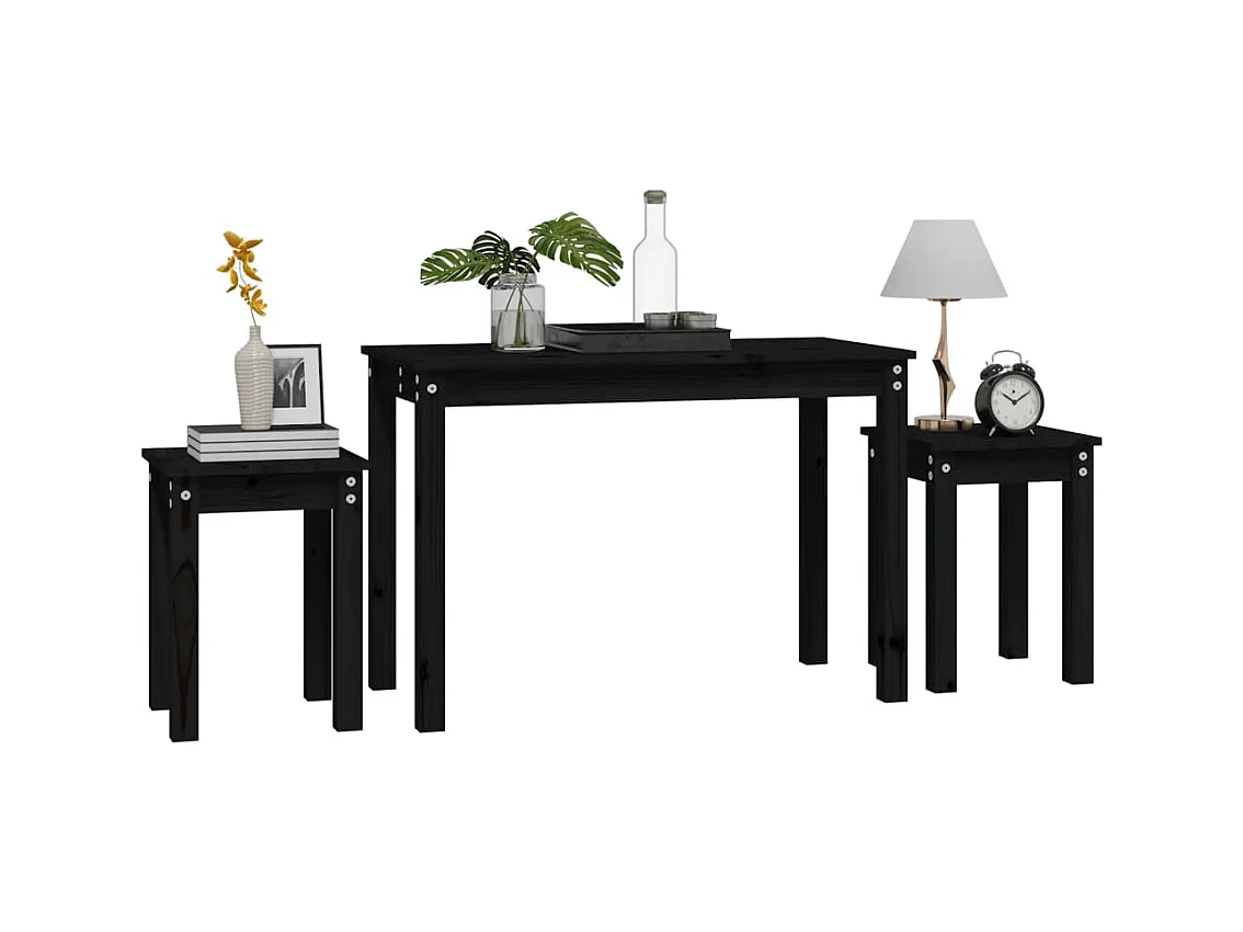 Bijzettafels 3 stuks zwart massief grenenhout