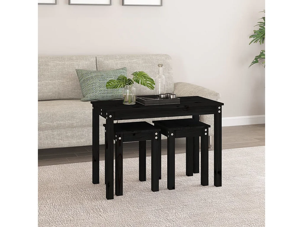Tables gigognes 3 pcs Noir Bois de pin massif