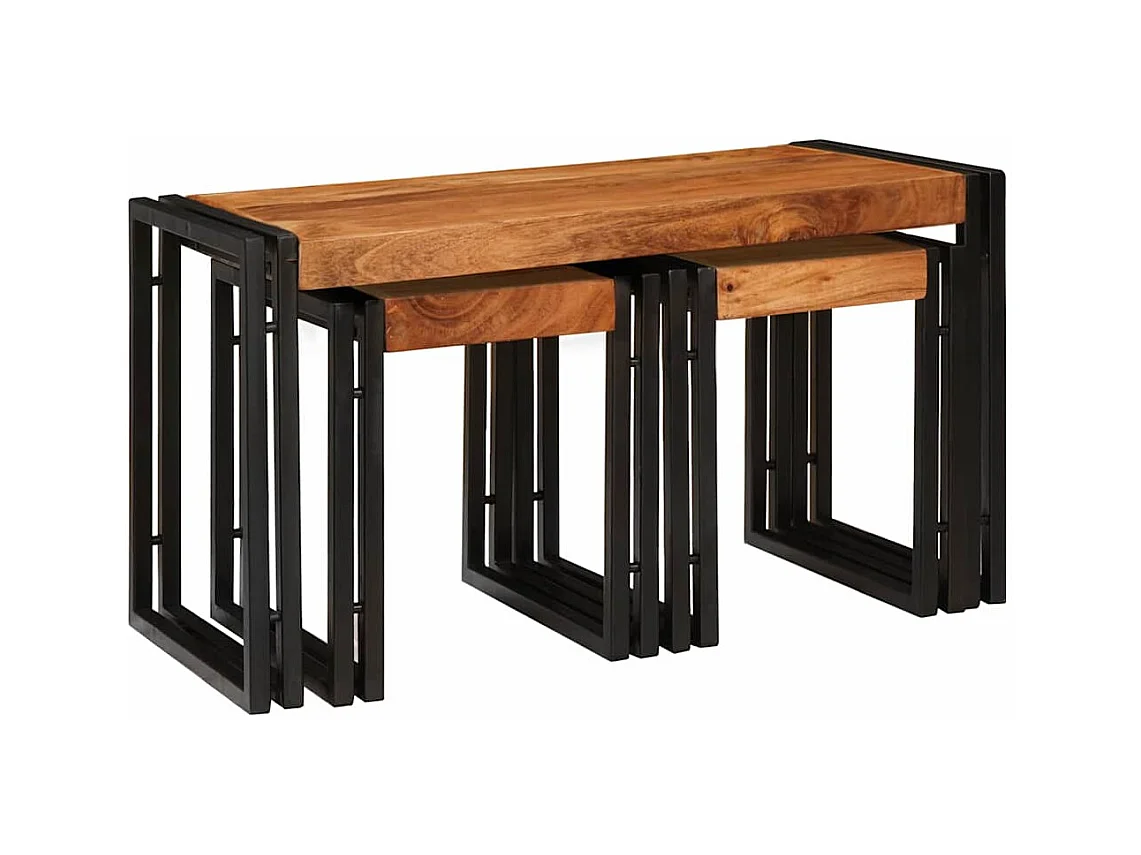 Tables d'appoint 3 pcs Marron et noir Bois d'acacia massif