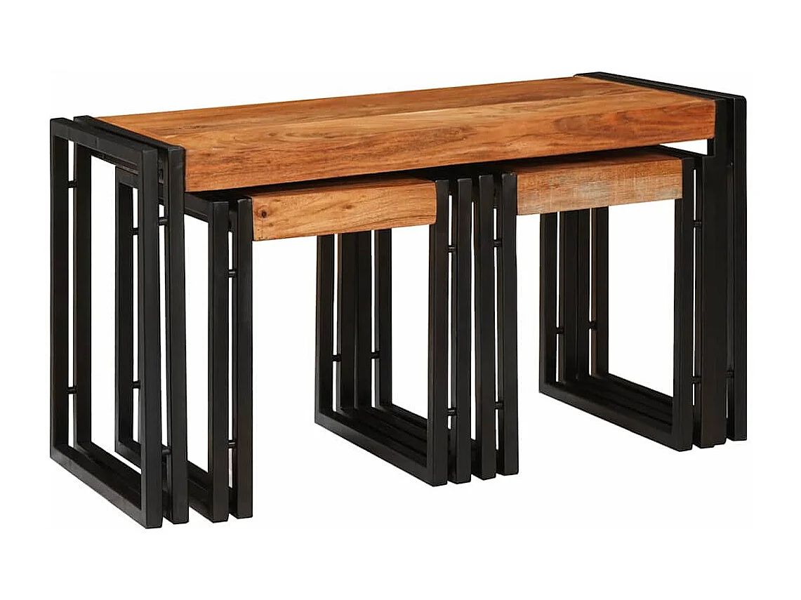 Tables d'appoint 3 pcs Marron et noir Bois d'acacia massif
