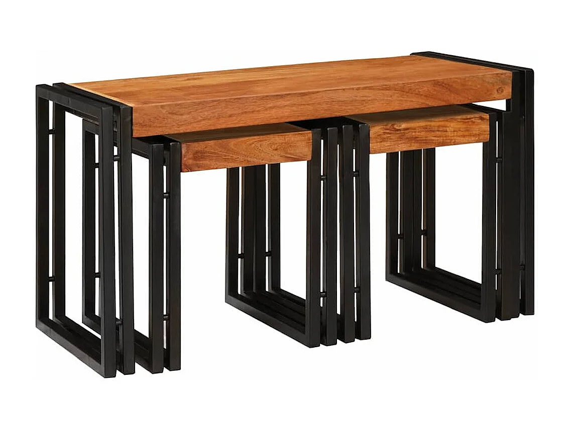 Tables d'appoint 3 pcs Marron et noir Bois d'acacia massif