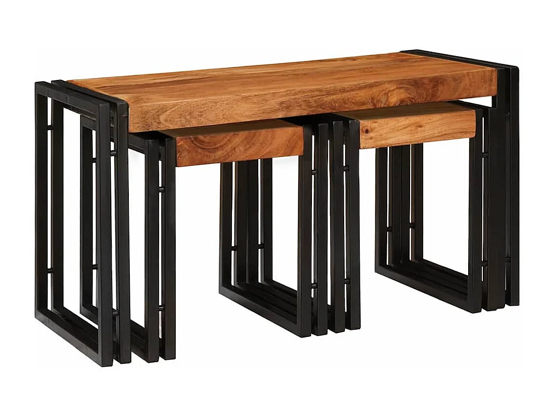 Tables d'appoint 3 pcs Marron et noir Bois d'acacia massif