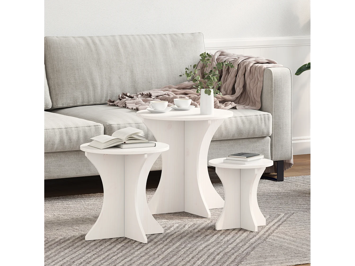 Table basse 3 pcs Blanc 46 x 46 x 47 cm Bois massif en pin
