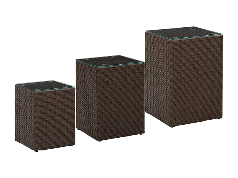 3-delige bijzettafels met glazen blad Bruin Poly Rattan