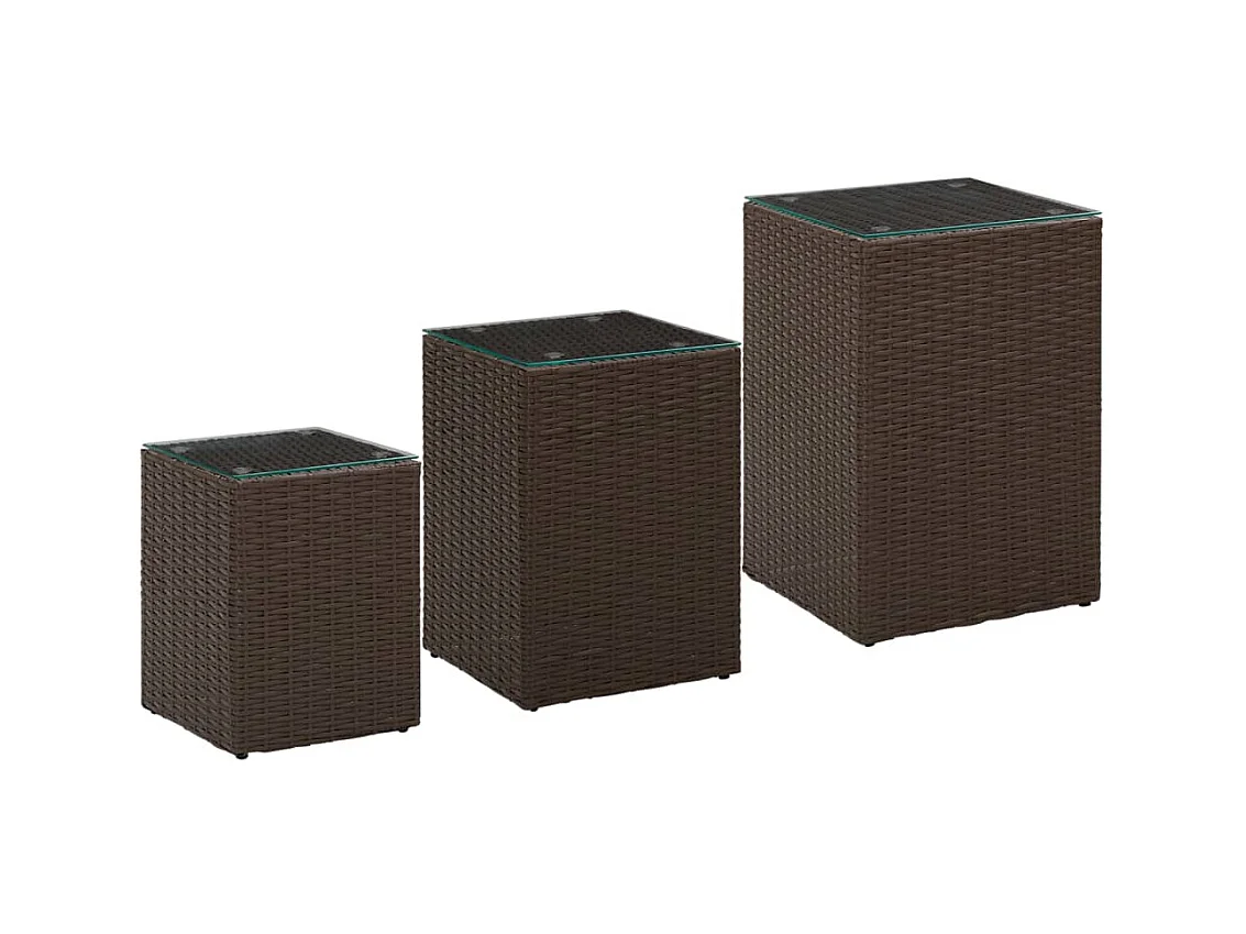 3-delige bijzettafels met glazen blad Bruin Poly Rattan