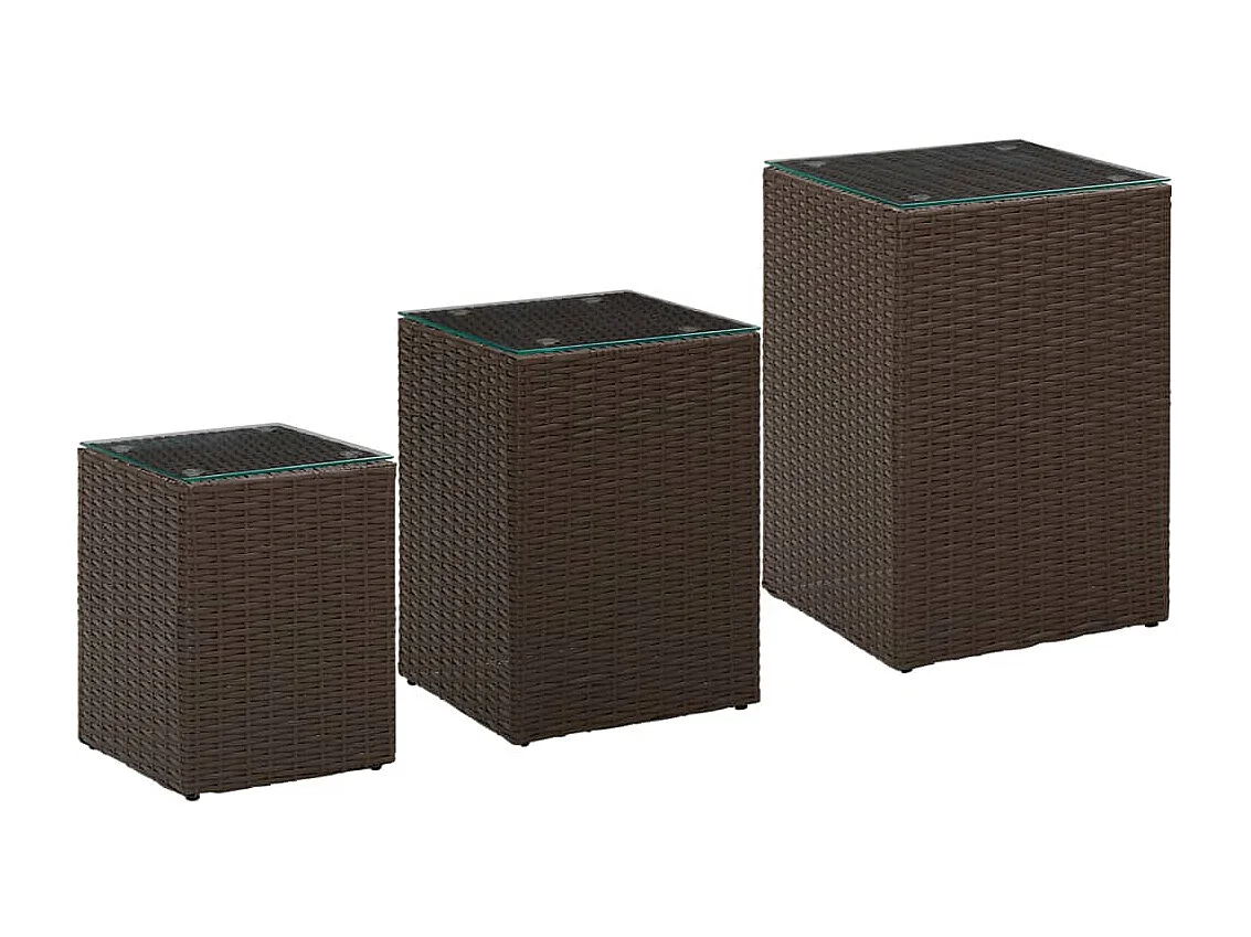 Tables d'appoint 3 pcs et dessus en verre Marron Résine tressée