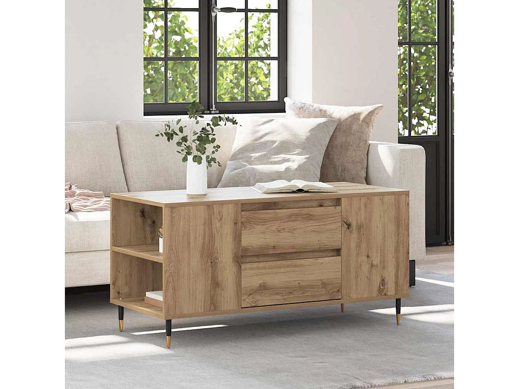 Salontafel met lade, handgemaakt eikenhout, 102 x 44,5 x 50 cm