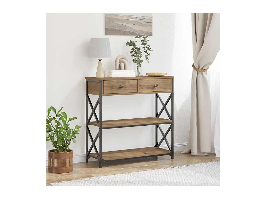 Consolle con cassetto, rovere lavorato a mano, 75 x 28 x 75 cm