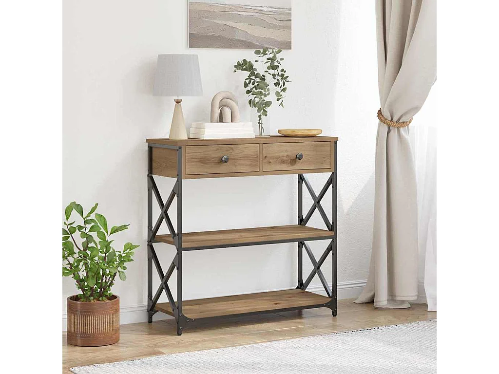 Consolle con cassetto, rovere lavorato a mano, 75 x 28 x 75 cm