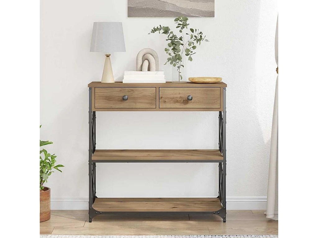 Consolle con cassetto, rovere lavorato a mano, 75 x 28 x 75 cm