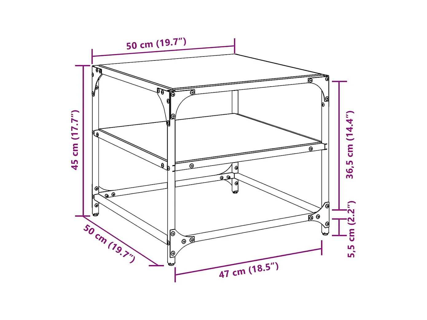 Couchtische mit schwarzer Glasplatte 2 Stk. 50x50x45 cm Stahl
