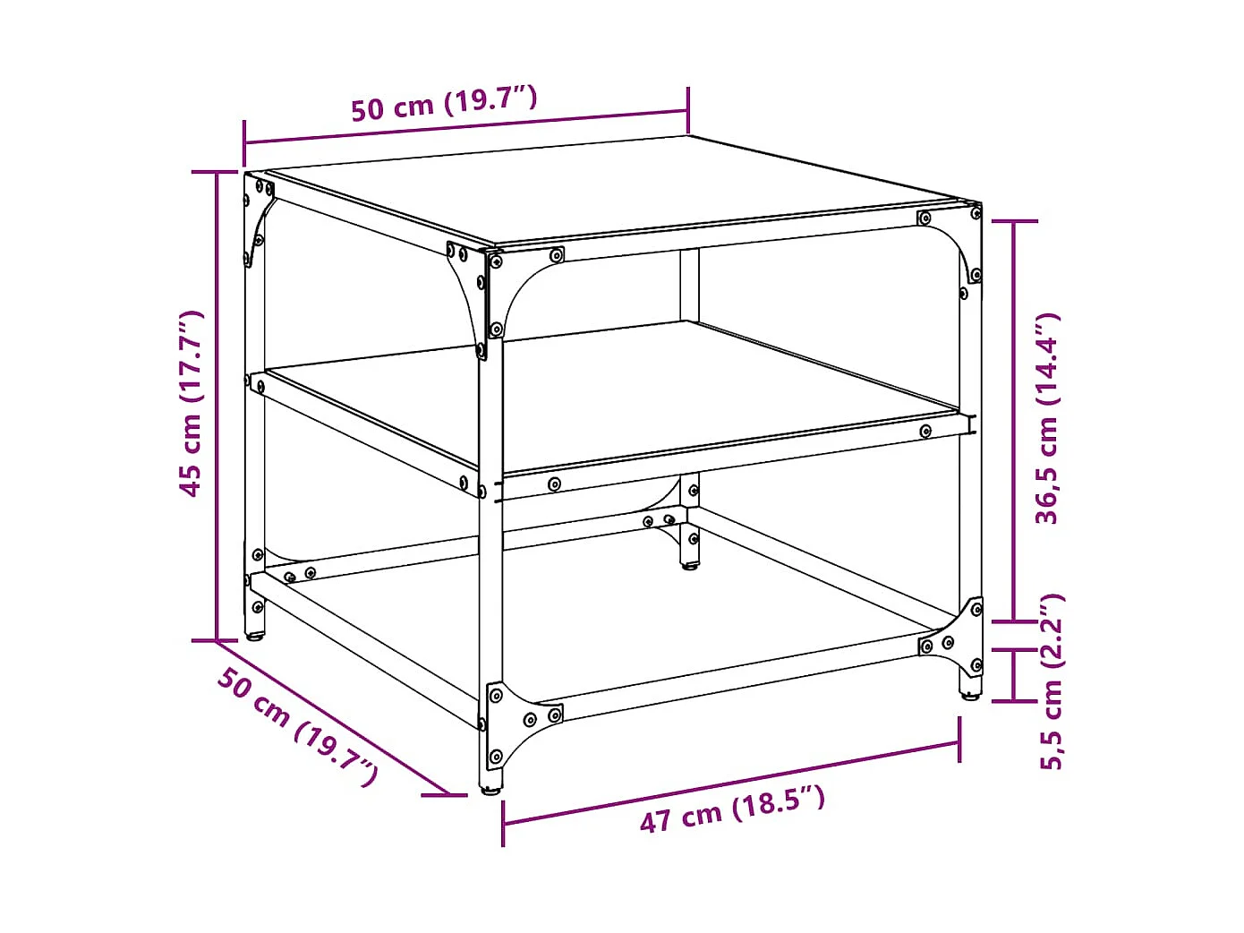 Tavolini con piano in vetro nero 2 pz 50x50x45 cm acciaio