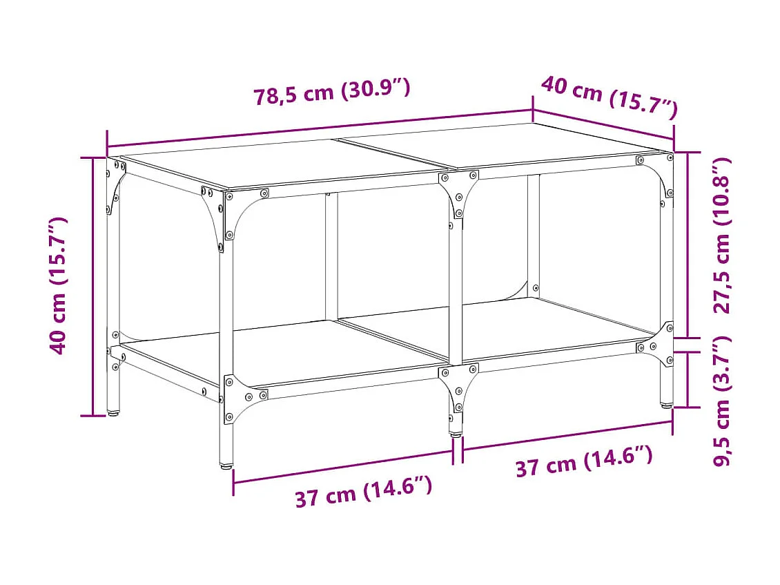 Salontafel met zwart glazen blad 78,5x40x40 cm staal
