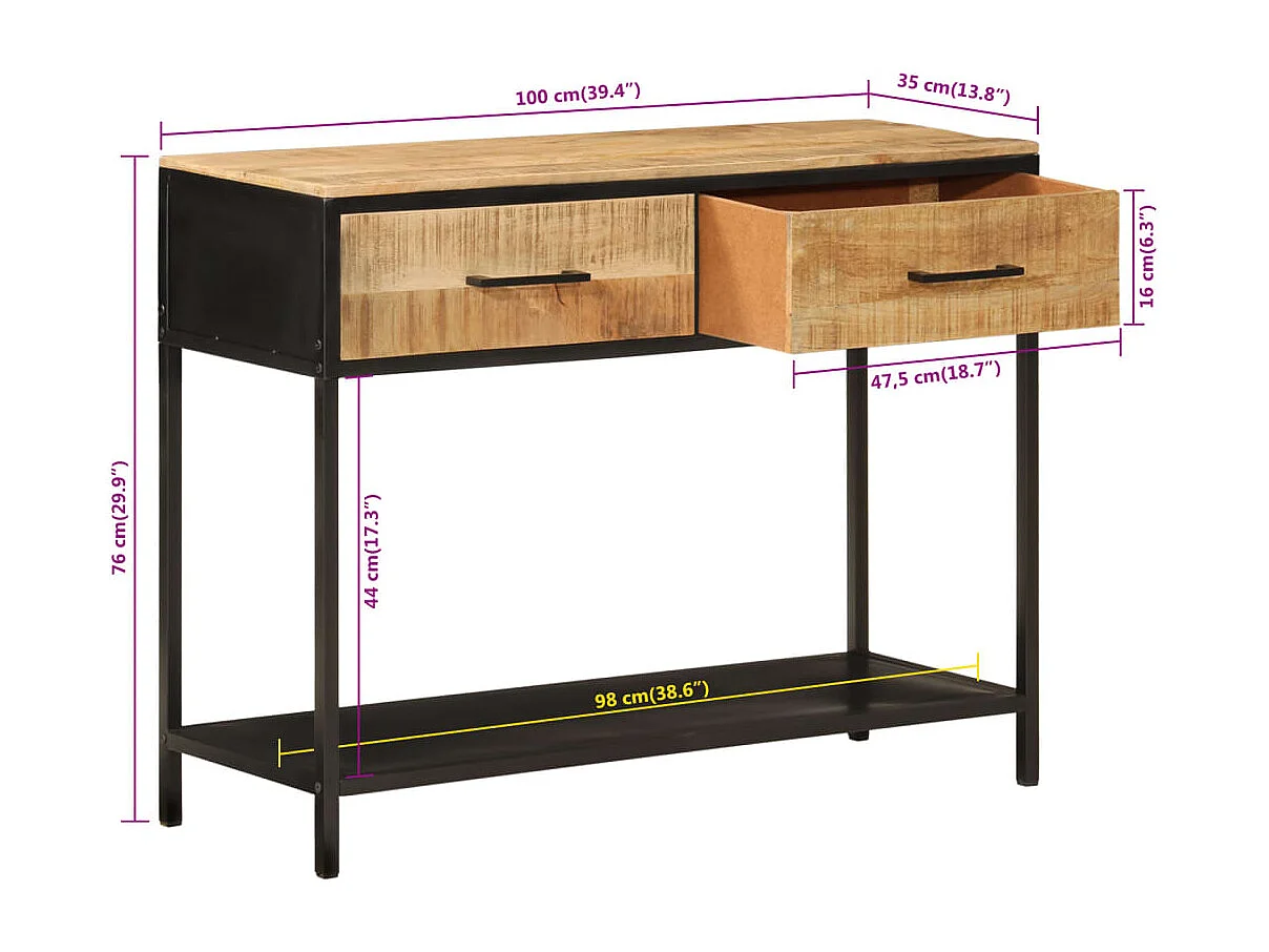 Tavolo consolle 100x35x76 cm in legno massello di mango e ferro