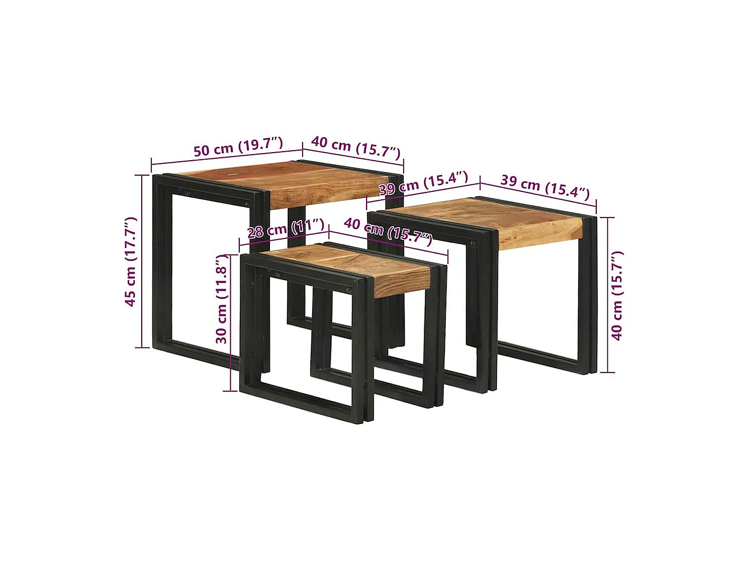 Mesa nido 3 piezas Madera maciza de acacia y metal