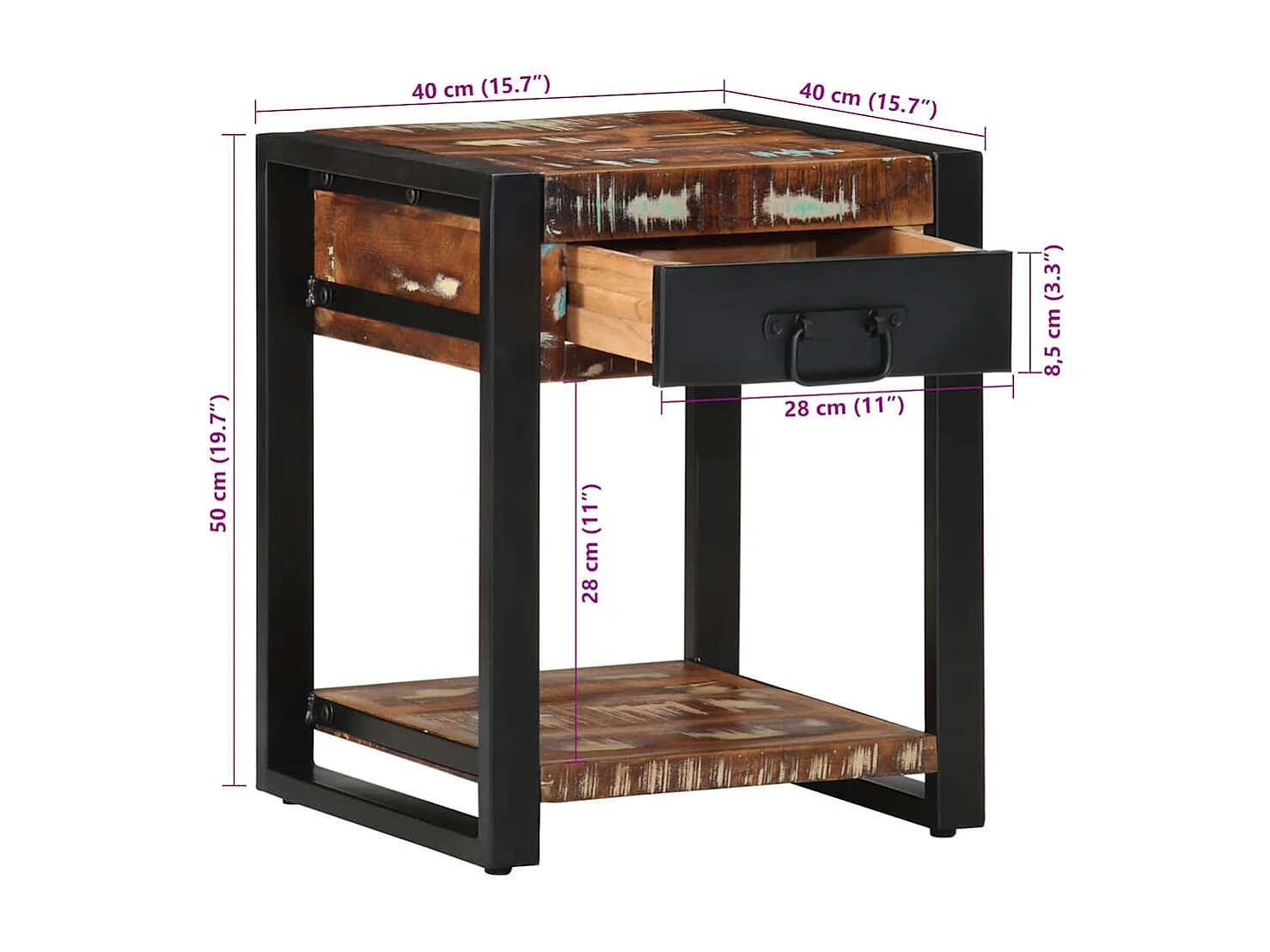Table d'appoint multicolore 40x40x50cm bois récupération massif