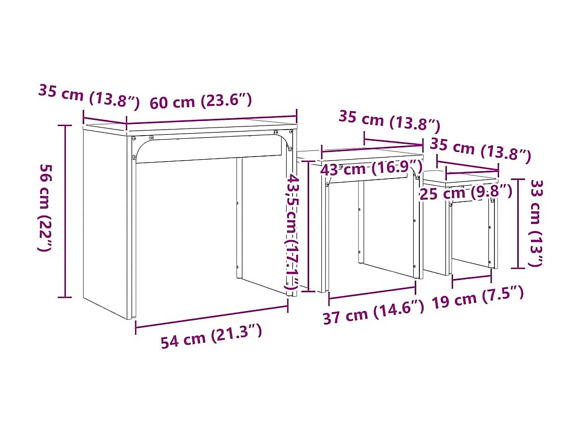 Table basse gigogne 3 pcs chêne artisanal 60 x 35 x 56 cm
