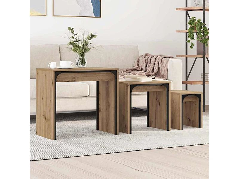 Tavolino da caffè impilabile 3 pezzi in rovere fatto a mano 60 x 35 x 56 cm