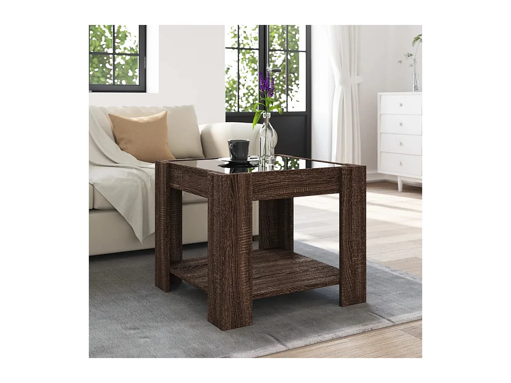 Salontafel met LED bruin eiken 53x53x45 cm bewerkt hout