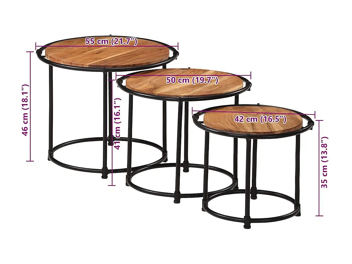 Tavolini impilabili 3 pezzi in legno massello di acacia