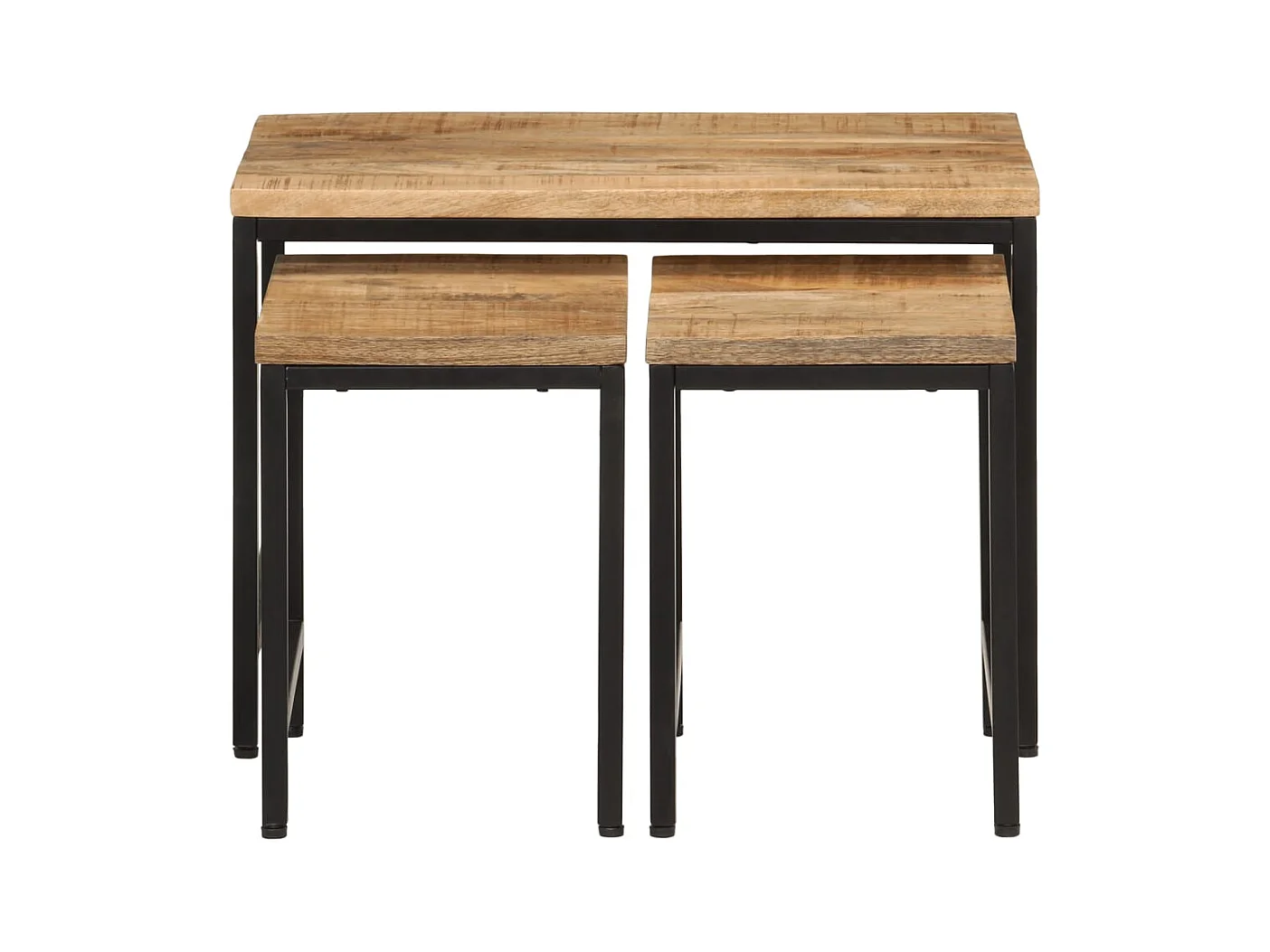 3-delige salontafelset van massief ruw mangohout en ijzer