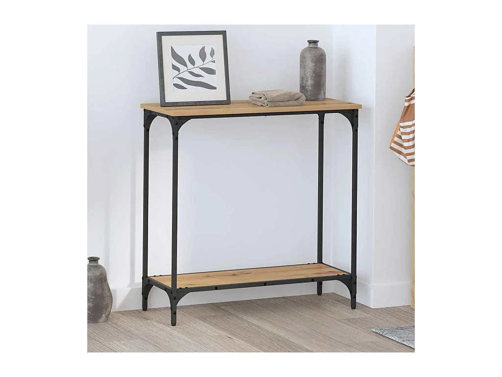 Consoletafel met plank, handgemaakt eikenhout, 75 x 30,5 x 75 cm