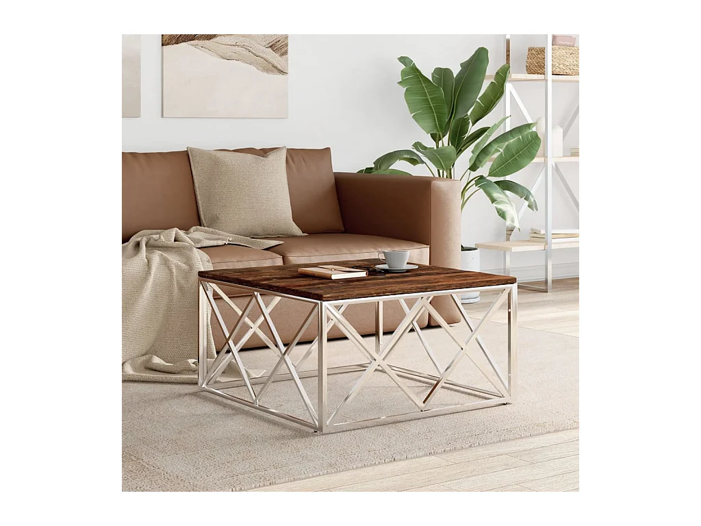 Table basse acier inoxydable et bois massif de récupération