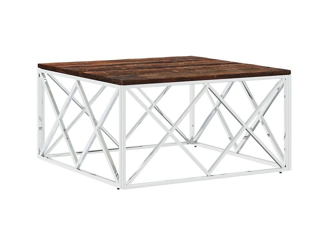 Table basse acier inoxydable et bois massif de récupération