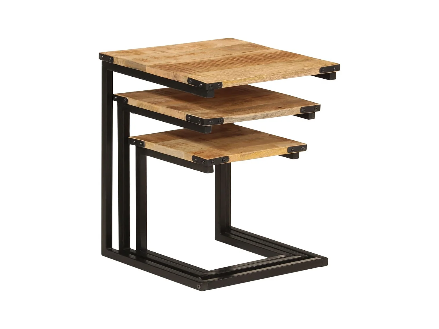 Mesas de centro nido de 3 piezas, madera maciza de mango y hierro