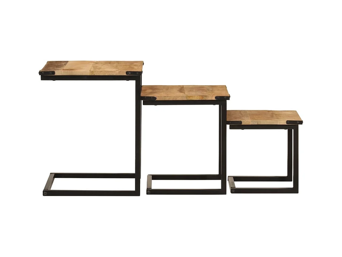 Mesas de centro nido de 3 piezas, madera maciza de mango y hierro