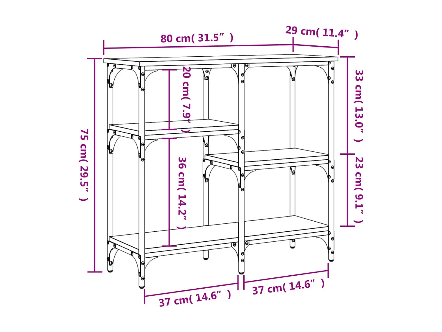 Tavolo consolle in rovere affumicato 80x29x75 cm in legno ingegnerizzato