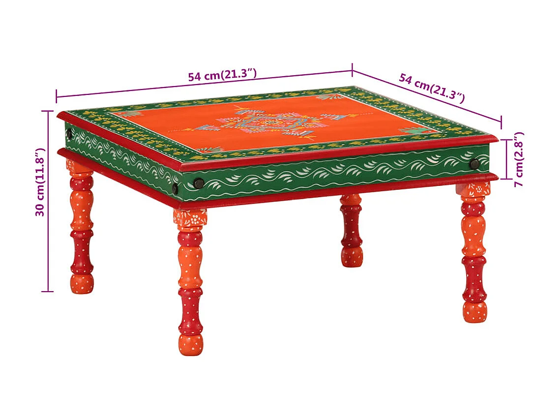 Table basse orange bois de manguier massif peint à la main