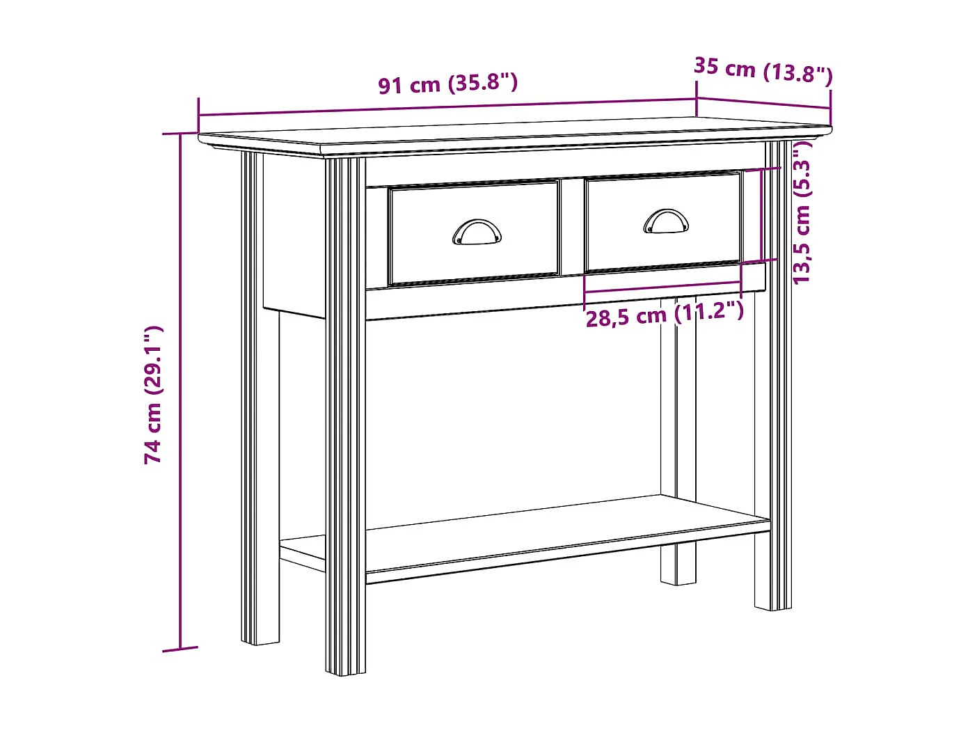 Consolle BODO bianca 91x35x74 cm in legno massello di pino